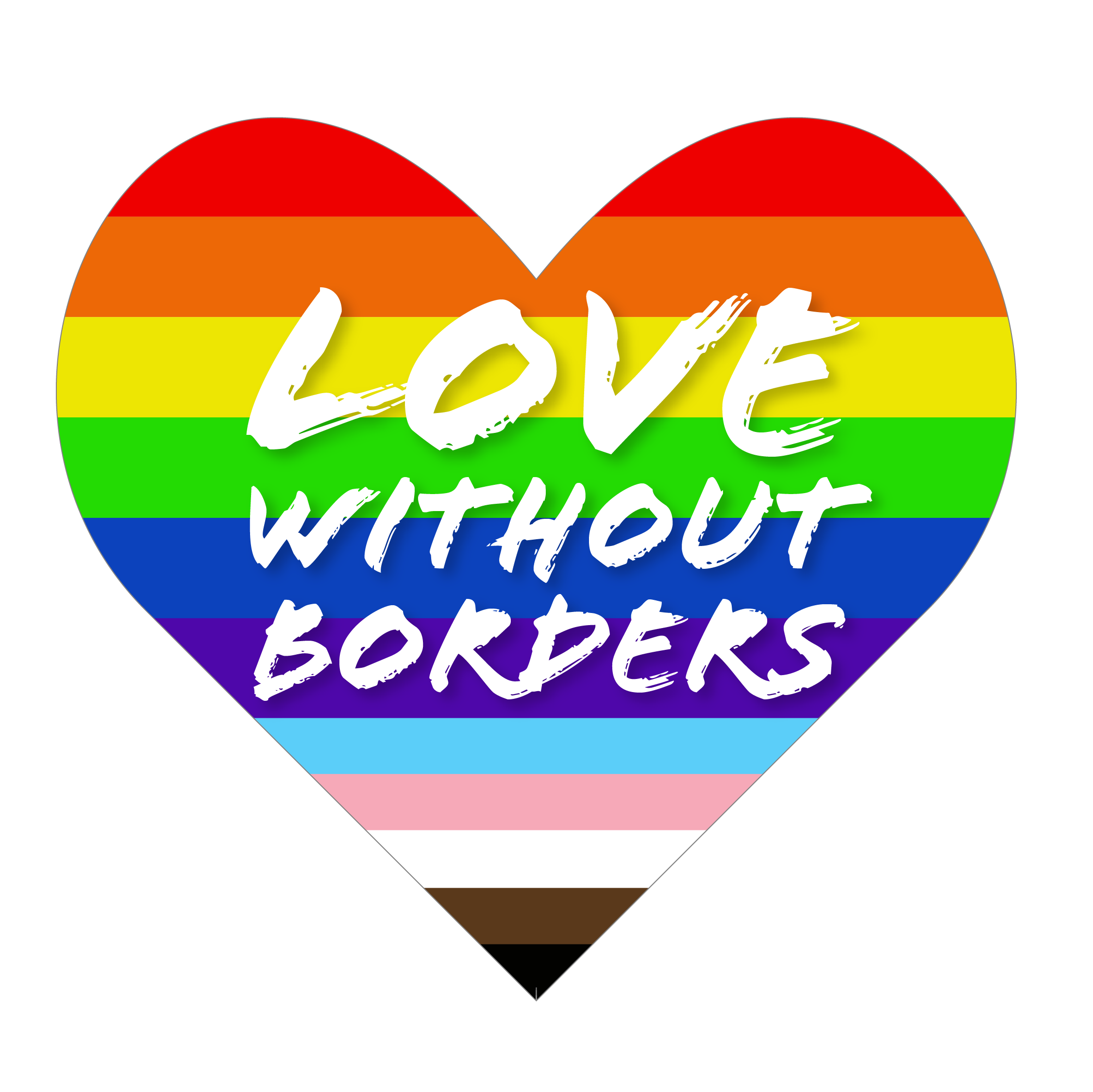 A LGBTQI+ flag in the shape of a heart, with the words "Love without borders"