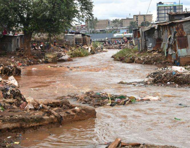 Flooded banks of Mathare river in Kenya. 
