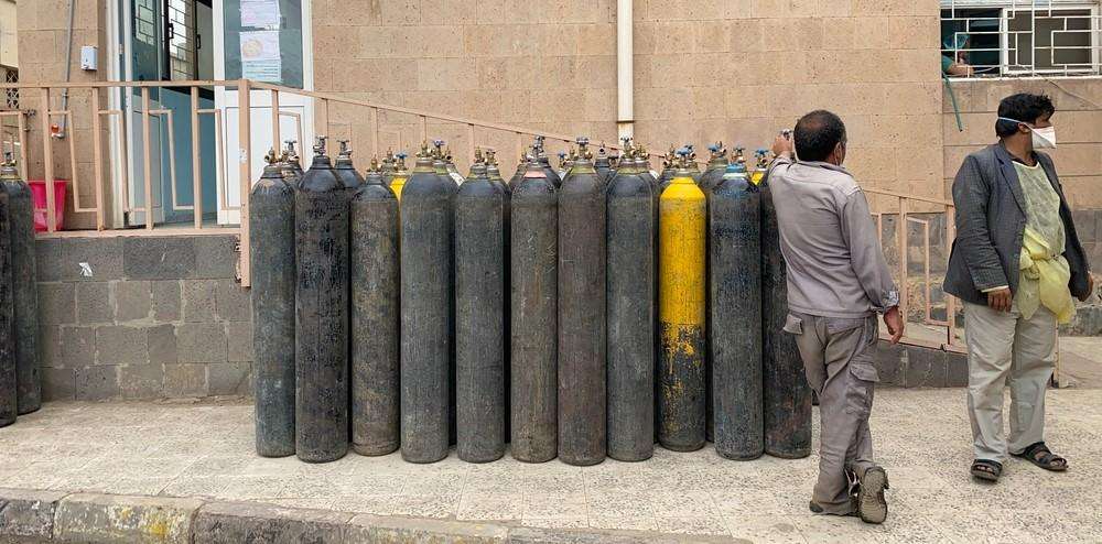 Oxygen cylinders lined up outside the intensive care unit of MSF's covid-19 treatment center at al-Kuwait hospital.