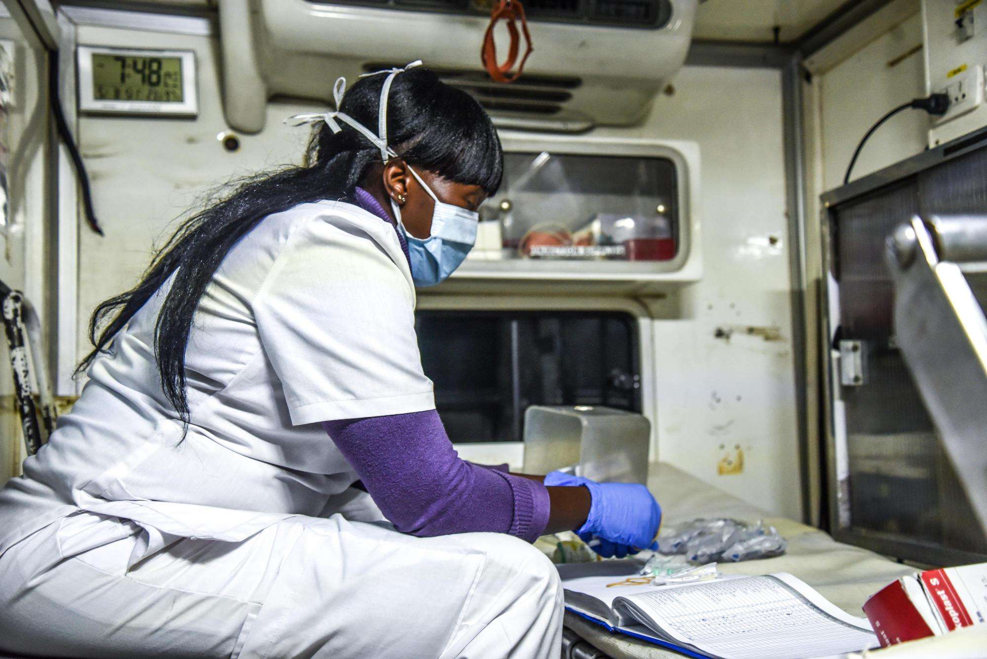 Rosemary Koech, an MSF EMT in an ambulance