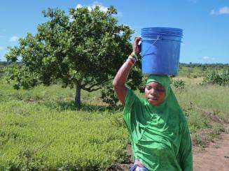 A woman carrying a bucket of water on her head in Mozambique