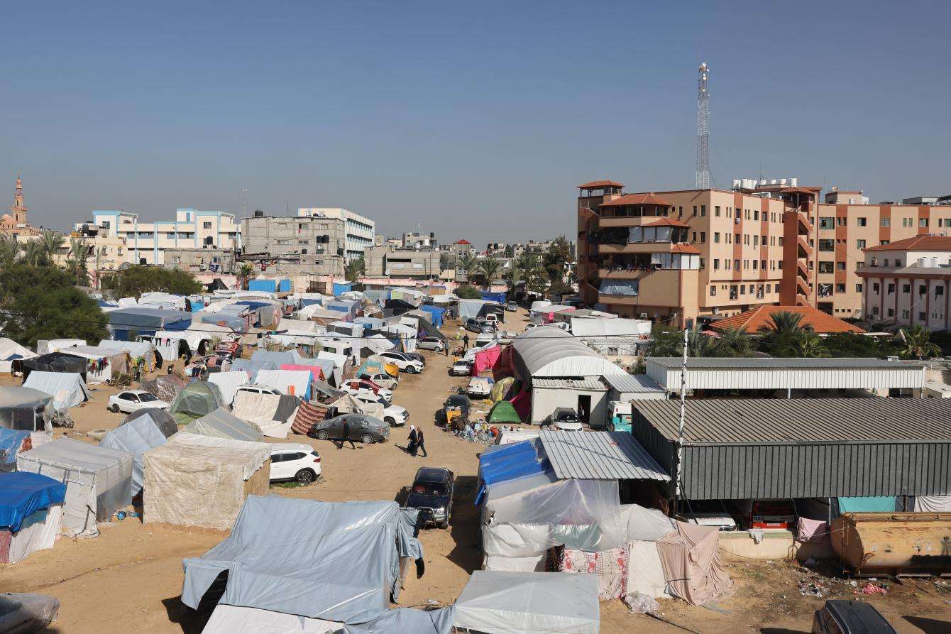 View of displacement camps with makeshift shelters in southern Gaza.