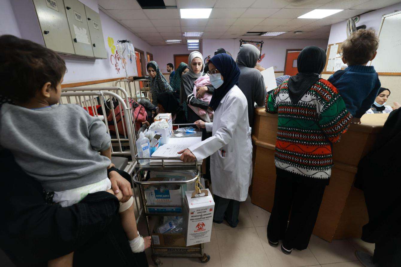 A crowded waiting room at Al-Aqsa Hospital in Gaza